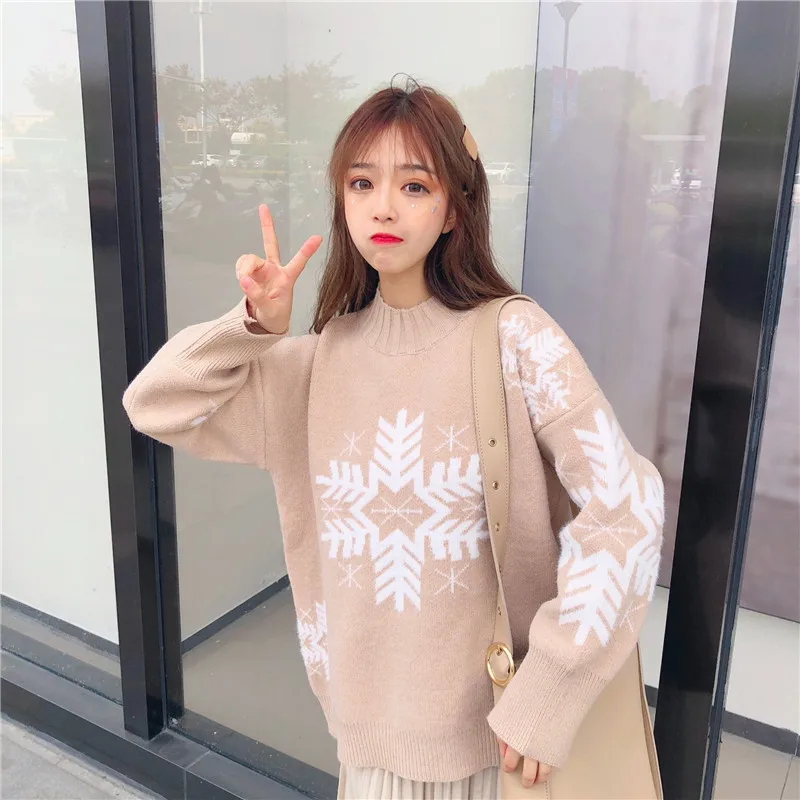 

2020 New Autumn Winter Women Sweater Long Sleeve Fashion Half High Neck Female Loose Casual Kintted Pullovers Tops Snowflake