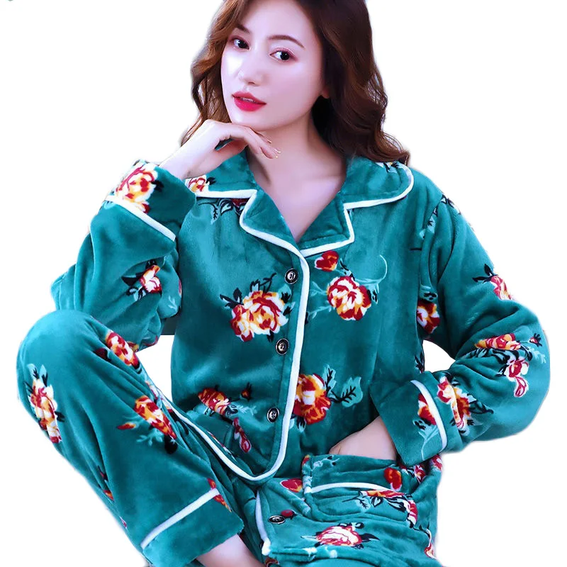Trending Products Large size Home clothes fo women 2 piece set Lady clothes set Pajamas Printing Autumn/ Winter Coral fleece 288