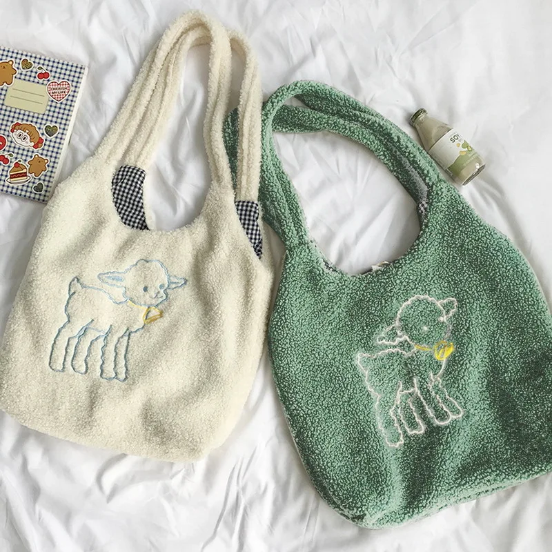

Plush Fabric Shoulder Bags For Women 2021 New Fashion Handbags Kawaii Cartoon Embroidery Large Capacity Shopper Tote Bag Bolsos