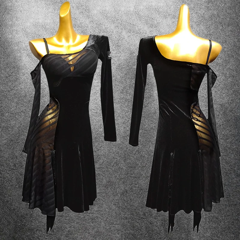 

Single Sleeve Latin Dance Dress Women Perspective Fringe Skirt Adult Dance Dress For Practice Performance Salsa Runba Dress 1333