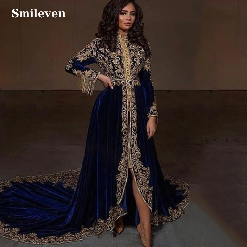 Официальное вечернее платье Smileven Caftan с баской бархатное длинным рукавом