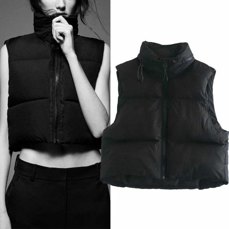 

Za 2020 Winter Black Cropped Vest Coat Women Fashion Keep Warm Sleeveless High Collar Zip Up Wasitcoats Woman Casual Vest Top