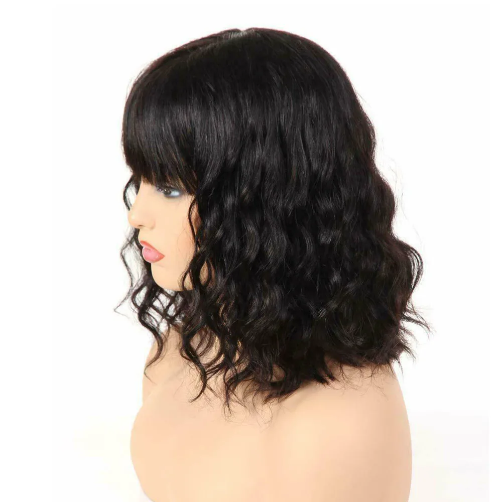 Loose Wave Human Hair Wig with Bangs 150% Density Brazilian Remy Wavy Scalp Top Silk Base Fringe Natural Color | Шиньоны и парики