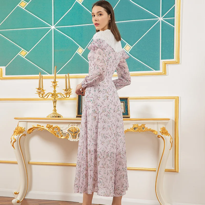 

2020 Spring Summer Long Dress England Style Young Girls Printed Patchwork Lace Long Sleeves Mid-Calf Gorgeous Dress FL1115