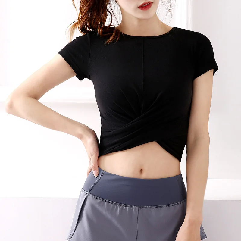 

New sexy yoga workout clothes exposed navel fashion slimming folds cross-shirt sports quick-drying short-sleeved T-shirt women