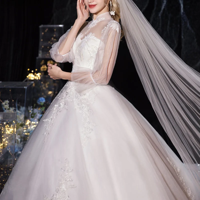 

Wedding Dresses Illusion High Full Tulle Lace Embroidery Sequined Button Floor-Length Luxury White Vintage Lady Bride Gown GB213