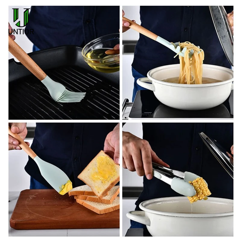 

UNTIOR 11Pcs/Set Silicone Kitchenware Cooking Heatresistant Wooden Handle Nonstick Cookware with Storage Box Kitchen Tools