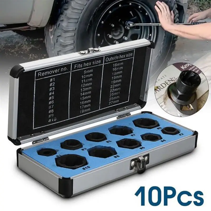 

10Pcs/lot Damaged Nut Bolt Remover 9-19Mm Car Garage Mechanics Equipment Tool Extractor Hand Tools Kit With Box