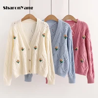 loose autumn and winter flower embroidered hollowed out knitted cardigan women outerwear v neck short sweater coat for women
