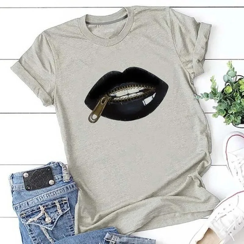 

Zipper Black Lip Print T Shirt Women Short Sleeve O Neck Loose Tshirt Summer Women Tee Shirt Tops Camisetas Mujer