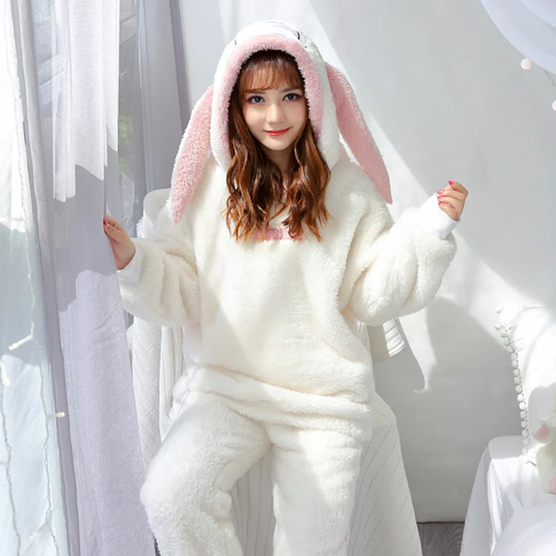 

2 Pieces Coral Fleece Rabbit Ears Hooded Women Pajama Set Long Sleeve Patchwork Female Homewear Winter Warm Sweet Lady Sleepwear