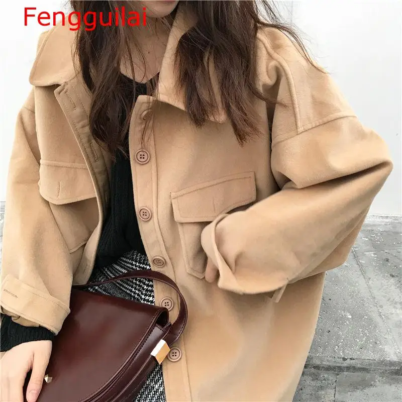

Fengguilai 2020 Sweet Women Autumn Winter Fashion Solid Wild Loose Preppy Style Casual Slim Pockets Comfortable Outwear Coat