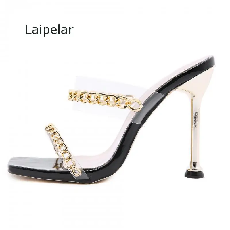 

Clear Pvc Transparent High Heel Slippers Summer Fashion Chain Design Slip On Square Toe Slides Women Mules Pumps