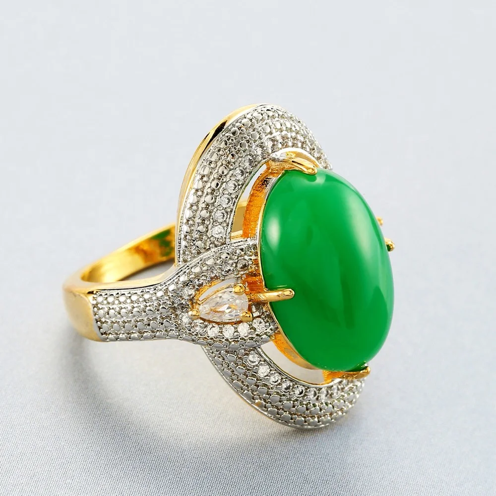 

New hot sale European and beauty 18k yellow gold plated color separation inlaid emerald jasper chalcedony full diamond ring
