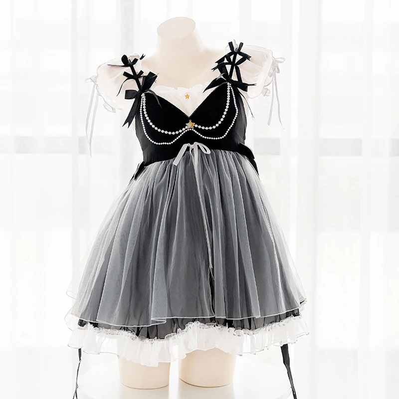 

Japanese Maid Lace Pearl Chain Cute Suspender Dress pajamas Suit Girls Sexy Micro perspective Hollow Out Sleepwear Underwear set