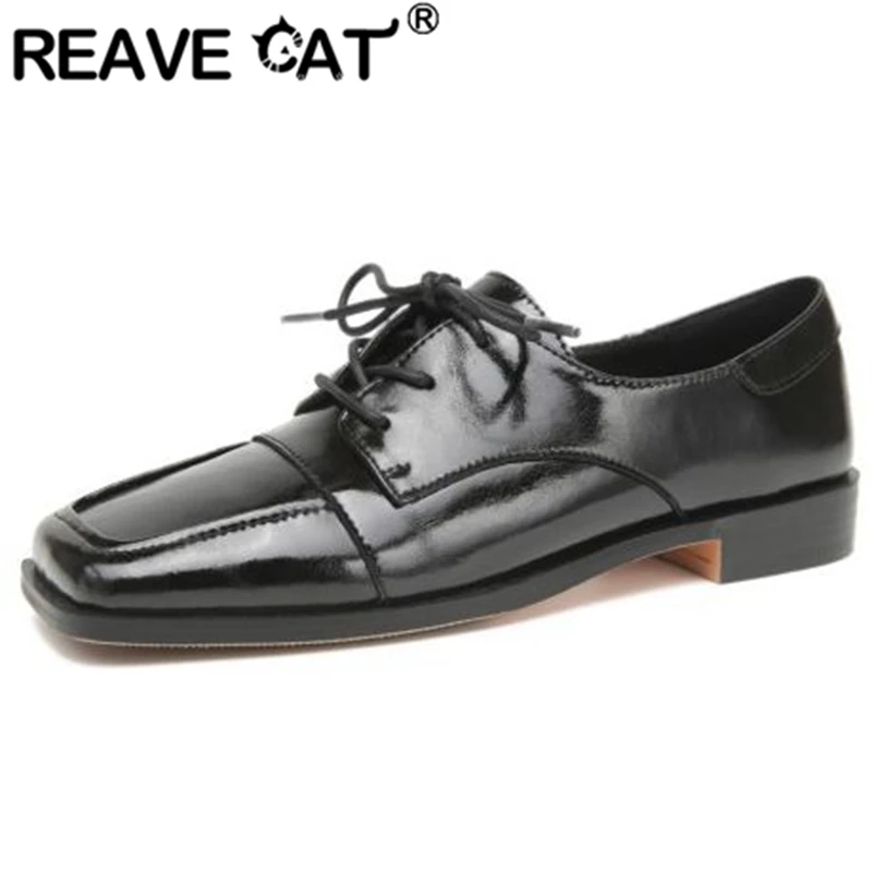 

REAVE CAT Woman's Pumps Square Toe Low Chunky Heels Cow Leather Lace-up Size 34-40 Solid Black Brown Retro Spring Leisure S2995