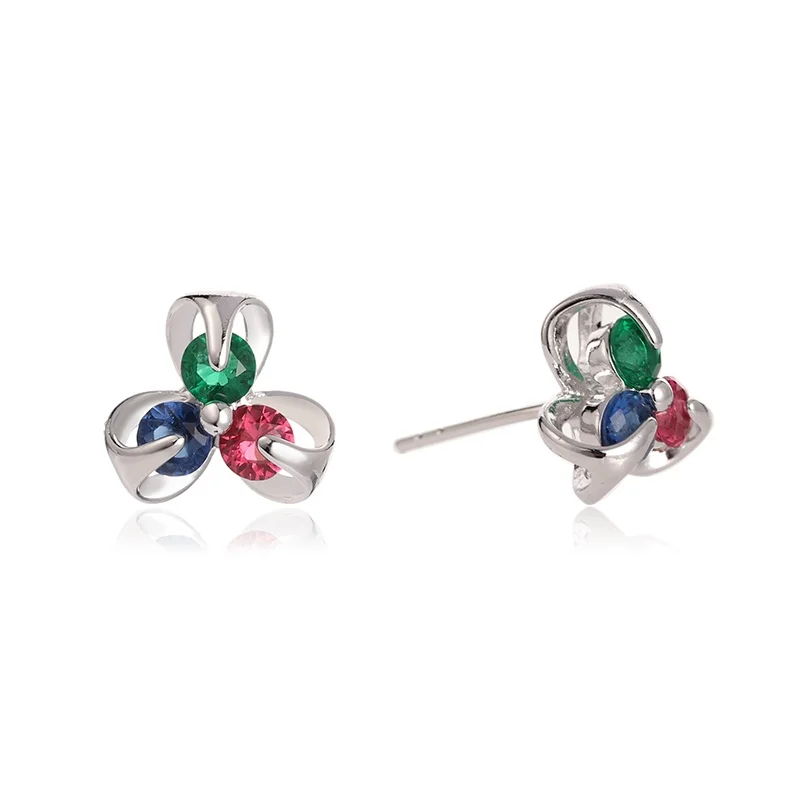 

Madrry Three Petals Design Stud Earrings for Women Ear Piercing Bijoux Blue Cubic Zircon Figure Girls Wedding Party Earring