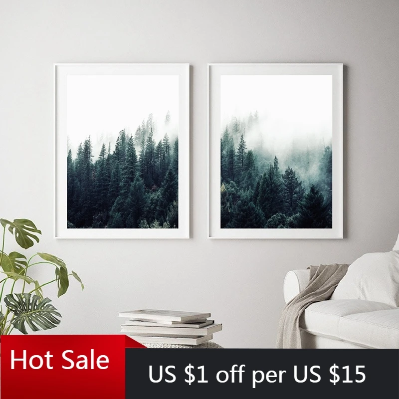 Лес туман лесной Художественная печать плакат в скандинавском стиле пейзаж