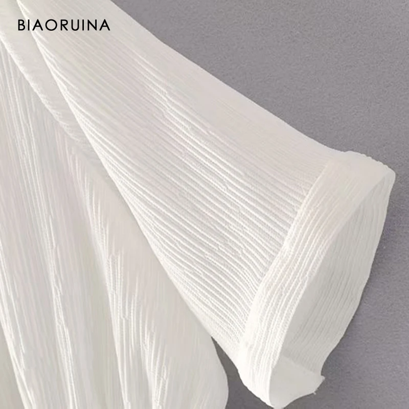 

BIAORUINA Women's White Pleated Shirt Short Sleeve Female V-neck Sweet Transparent Blouse Buttons High Waist Casual Tops