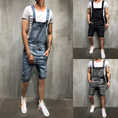

2 0 19Wish men's suspenders denim jumpsuits torn denim shorts popular overalls