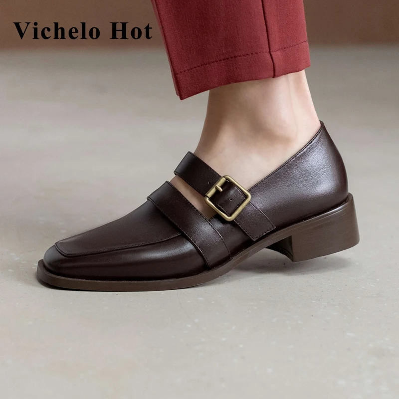 

Vichelo Hot genuine leather square toe med heel buckle strap brand shoes young lady streetwear fashion classic women pumps L3f1