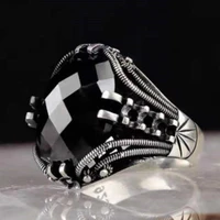 popular black crystal rhinestone zircon ring silver color wedding ring for men party vintage fashion jewelry wholesale