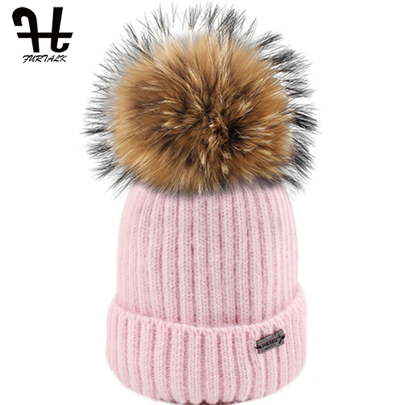 Меховая детская зимняя шапка вязаная с помпоном для мальчиков и девочек из