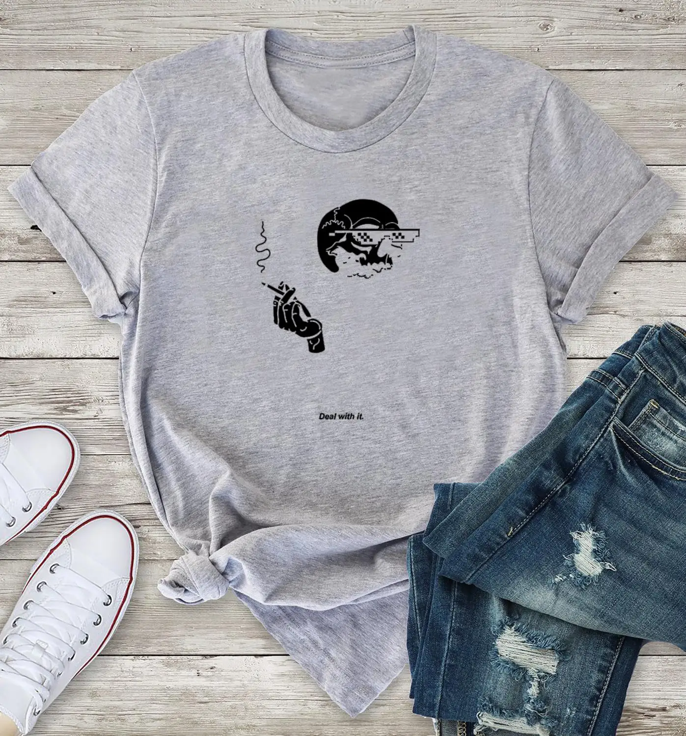 Футболка в готическом стиле с надписью deal with it 100% хлопок забавная хипстерская