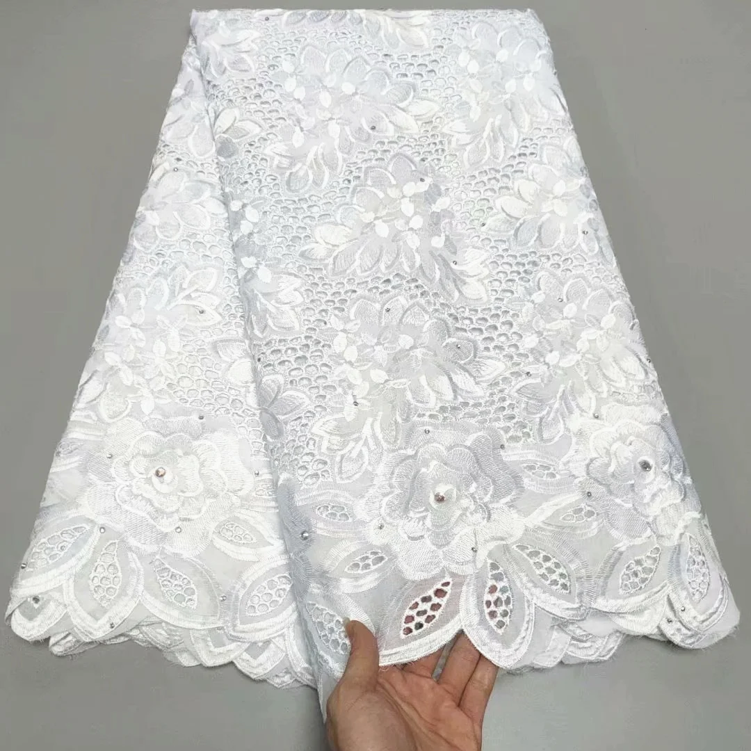 

5 yards High Quality Oiled Swiss Lace Fabric Embroidery Beads African 100% Cotton Swiss Voile Lace Fabric White Color TY608-1