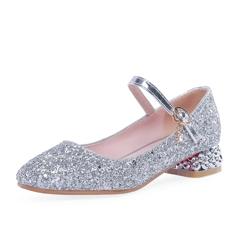 

ISSIENA 2021 PU Leather Ankle Strap PU Leather Square Low Heel Shoes Girl Shoes Crystal Sweet Kid Shoes Casual Girls Size 28-39