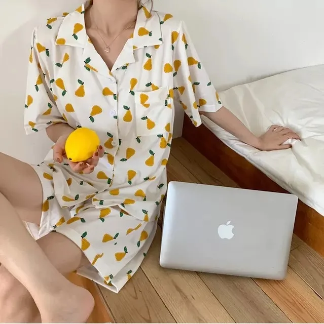 

Kawaii Yellow Pear Print Women Korean Pajamas Set Summer Sexy Turn-down Collar Short Sleeve Sleepwear Sweet Chic Maiden Homewear