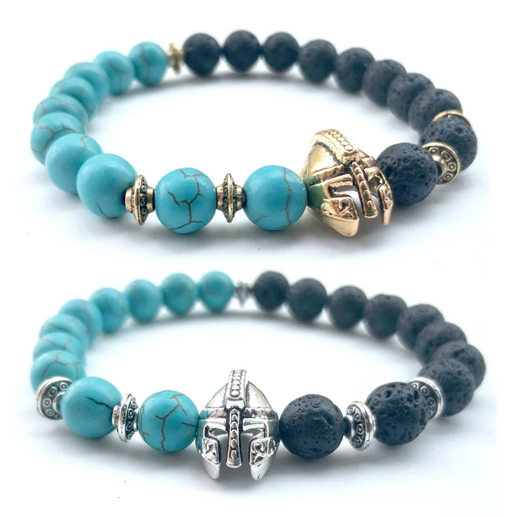 

gold and CZ Roman Warrior Gladiator Helmet Lava Beaded Bracelet Men 2 Colors Emperor Stone Bracelets