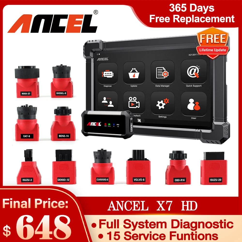 

ANCEL X7 HD 24V Heavy Duty Truck Diagnostic Scanner Professional Full System Active Test DPF ABS ECU Rest OBD2 Truck Scanner