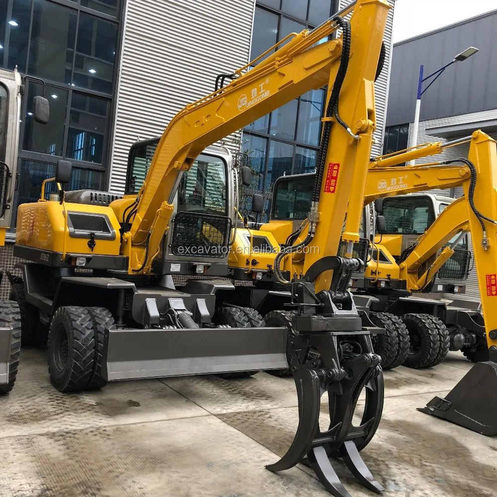 

Jinggong mini digger machine small wheeled digging earth moving wheel excavator