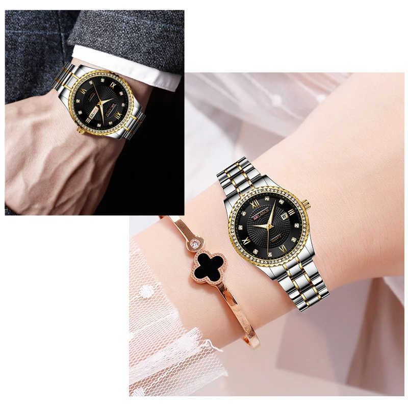 Double Calendar Diamond Quartz Couple watches Top Luxury Brand Stainless Steel Strap Wristwatch Business Clock Relogio Masculino