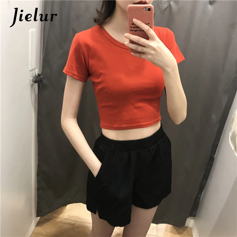 Кроп-топ Jielur женский однотонный в Корейском стиле хлопковая Базовая футболка