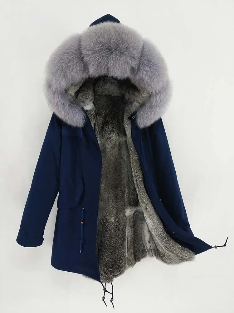 navy blue long 4 Мужской зимний жакет Длинная парка натуральный мех Пальто Подклад мех кролика рекс Воротник мех енота Топ бренд Теплый - Цвет: navy blue long 4