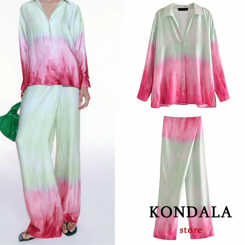 

Женский костюм из 2 предметов KONDALA, шелковая рубашка с принтом тай-дай и широкие брюки большого размера, весенний, 2021
