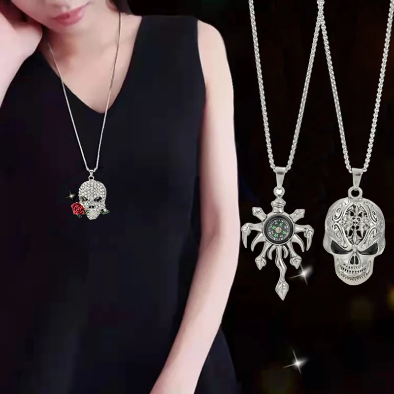 

Stainless Steel Necklace 3D Skull Pendant Chain Necklace For Men And Women Male Gothic Punk Halloween Party Gift Jewelry