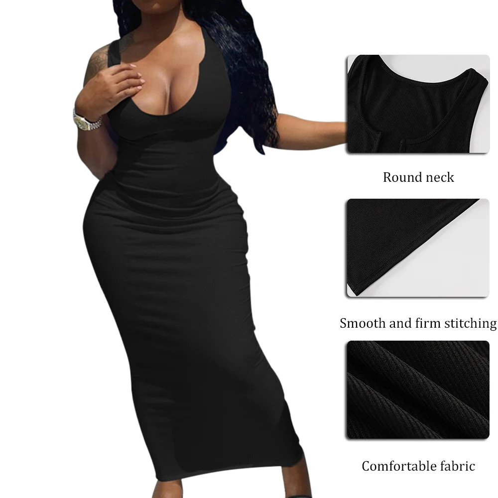 

2021 Sleeveless Solid Square Collar Ribbed Skinny Maxi Dress Spring Summer Women Fashion Sexy Streetwear Lounghe Wear