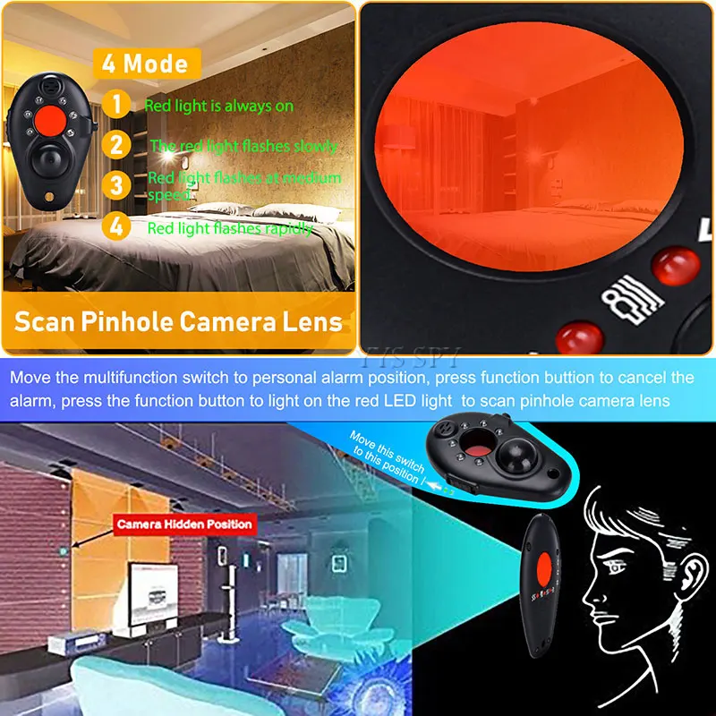 5 in 1 self defense alarm anti spy hidden camera detector travel security personal vibrator pinhole cam lens scanner bug finder free global shipping