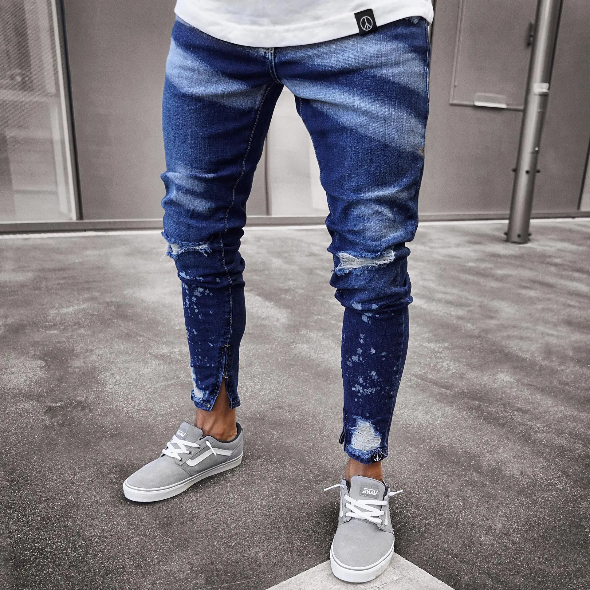 

Джинсы мужские с рисунком, рваные джинсовые штаны, индивидуальный взрывобезопасный стиль, узкие штаны на молнии, облегающие эластичные мод...