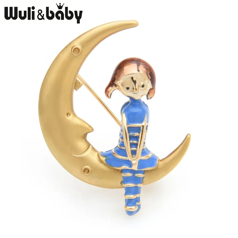 Wuli & baby синие и розовые Броши для девочек сидящих на Луне Женская эмалированная