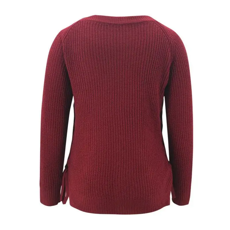 

VICABO Womens Solid Knitted Long Sleeve Jumper Sweater Blouse Ladies Round Neck Casual Lace Up Slim Fit Sweaters