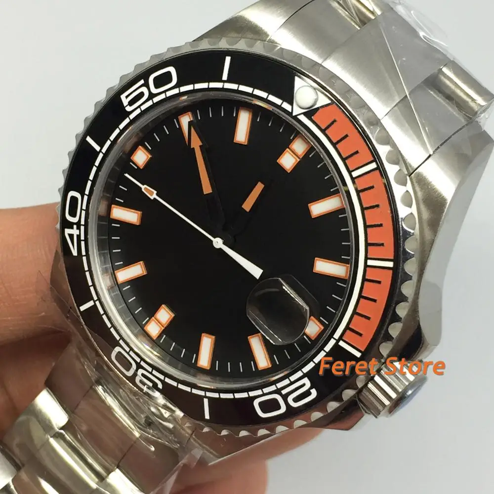 Мужские Роскошные Механические часы Bliger 43 мм черный циферблат оранжевая