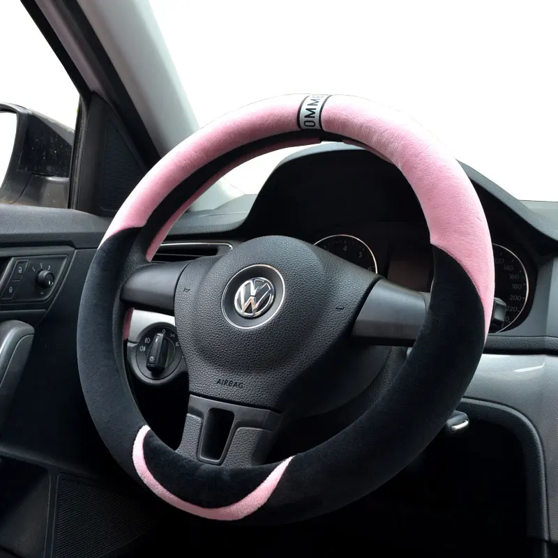 pink 36/40/38 см рулевого колеса автомобиля крышки Розовый Плюшевые Кожаная оплетка на руль автомобиля с иглы и нити аксессуары для интерьера - Название цвета: pink
