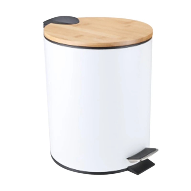 

Stainless Steel Trash Can With Bamboo Lid 3L Step-On Garbage Container Trash Bin For Kitchen Bathroom Bedroom White