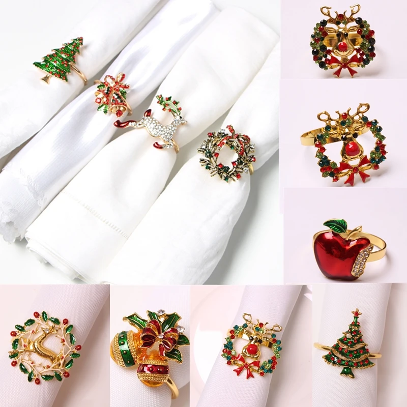 

Metal Christmas Tree Napkin Rings Bow Flower Wreath Mouth Colorful Wedding Banquet Hotel Table Supplies Circle Decoration Gifts
