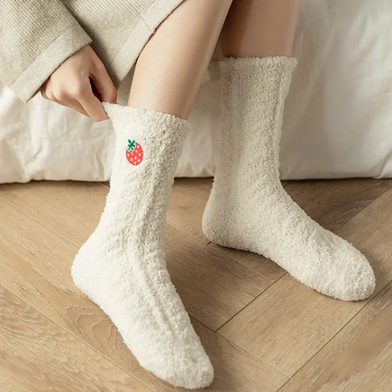 

Autumn Winter Thicken Socks Women Cute Kawaii Fruit Embroidery Socks Korea Warm Coral Fleece Sleeping Floor Indoor Soft Socks