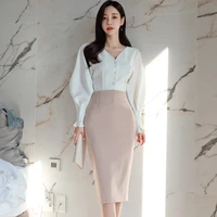 spring korean new high end temperament slim bubble long sleeve top fashionable professional hip skirt party suit